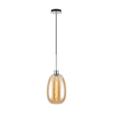 Lori Trapezium Glass Pendant Light in amber, 12cm curved shade with visible bulb, polished chrome cord and canopy, shown on a plain white background.