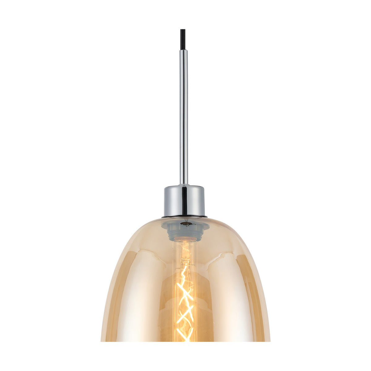 Lori Trapezium Glass Pendant Light, 12cm amber trapezium shade on a polished chrome suspension rod, lit filament bulb visible, shown on a white background.