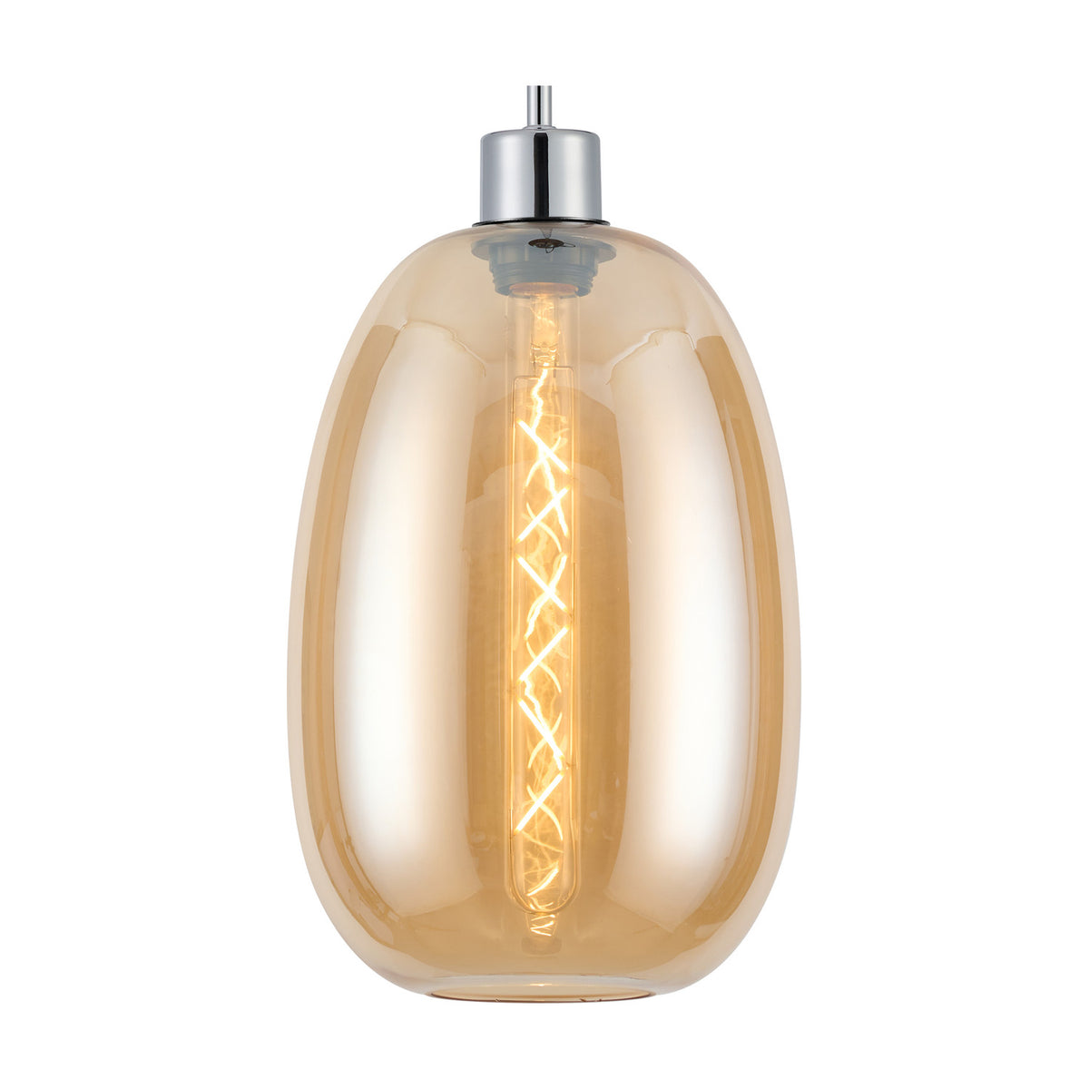 Lori Trapezium Glass Pendant Light in amber glass with a curved trapezium shade and polished chrome fitting, shown lit against a plain white background.