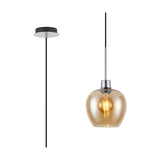 Lori E27 wine glass pendant light with 12cm amber glass shade and polished chrome cup, rod, and ceiling rose, shown on a plain white background.