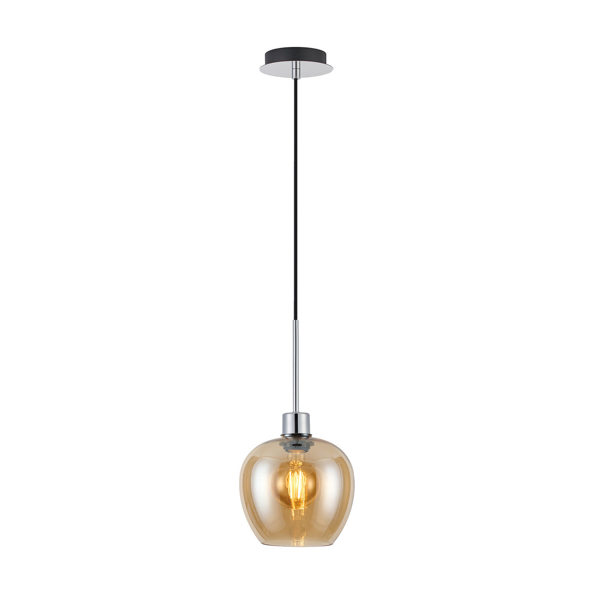 Lori E27 wine glass pendant light with a 12cm amber glass shade, polished chrome cup and rod, and black cable, shown lit against a plain white background.