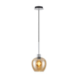 Lori E27 wine glass pendant light with a 12cm amber glass shade, polished chrome cup and rod, and black cable, shown lit against a plain white background.