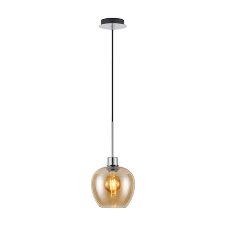 Lori E27 wine glass pendant light with a 12cm amber glass shade, polished chrome cup and rod, and black cable, shown lit against a plain white background.