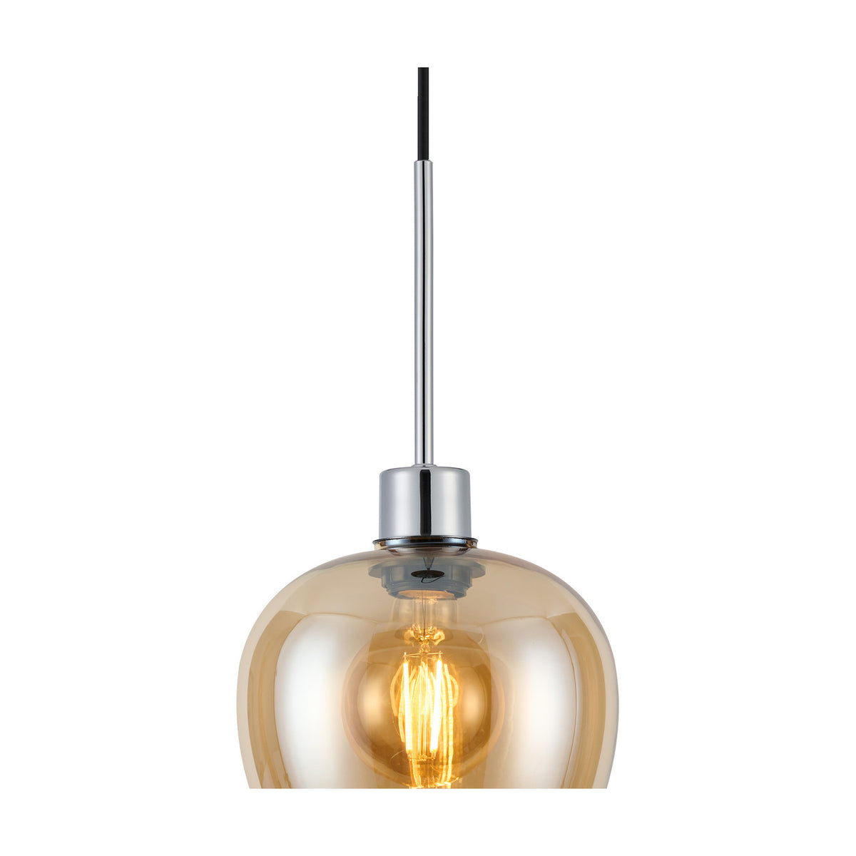 Lori E27 Wine Glass Pendant Light in 12cm amber glass, with a tapering shade under a polished chrome cup and rod, shown against a plain white background.