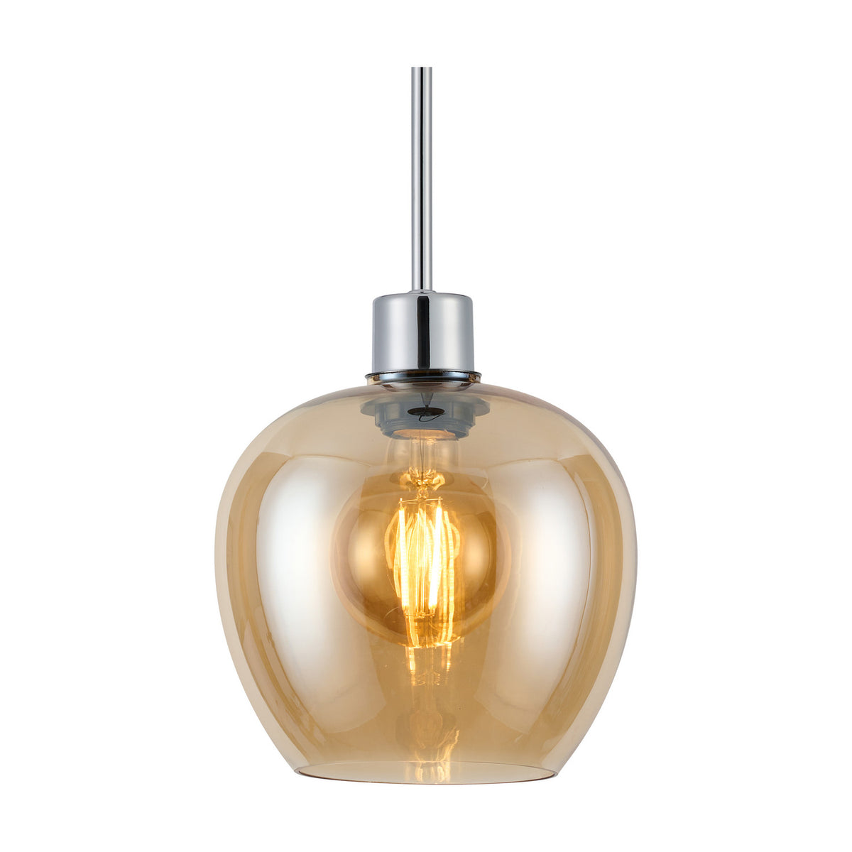 Lori E27 wine glass pendant light with a 12cm amber glass shade and polished chrome rod and cup, shown lit against a plain white background.