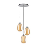 Lori 3 Light Trapezium Pendant Light with amber glass shades at staggered drops from a round polished chrome ceiling plate, shown on a plain white background.