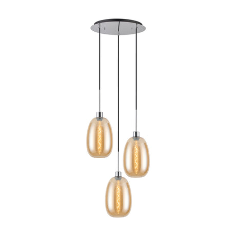 Lori 3 Light Trapezium Pendant Light with amber glass shades at staggered drops from a round polished chrome ceiling plate, shown on a plain white background.
