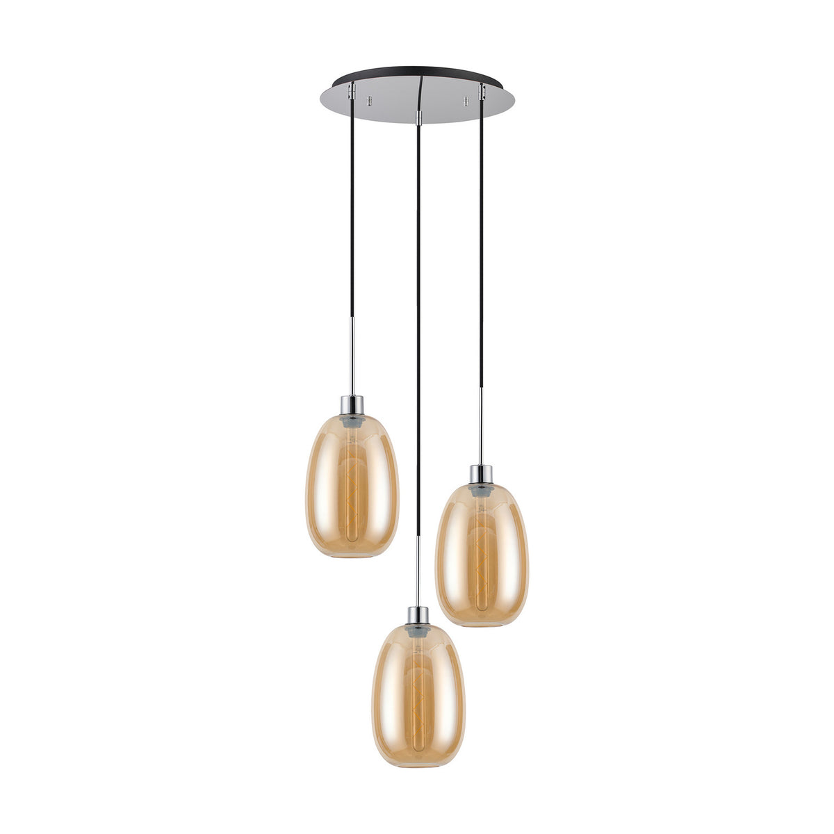 Lori 3 Light Trapezium Pendant Light in amber glass with rounded shades, suspended at staggered heights from a round polished chrome ceiling plate on a white background.