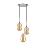 Lori 3 Light Trapezium Pendant Light in amber glass with rounded shades, suspended at staggered heights from a round polished chrome ceiling plate on a white background.