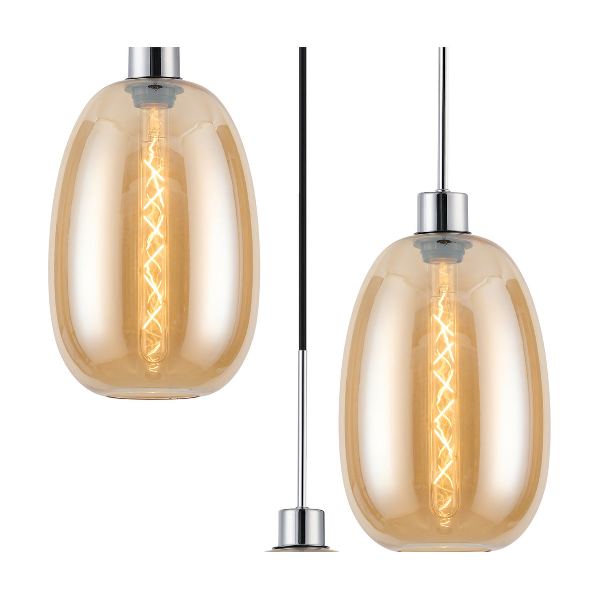 Lori pendant light with amber glass trapezium-profile shades and polished chrome fittings, shown as single shade views with visible E27 filament bulb and cord, on a white background.
