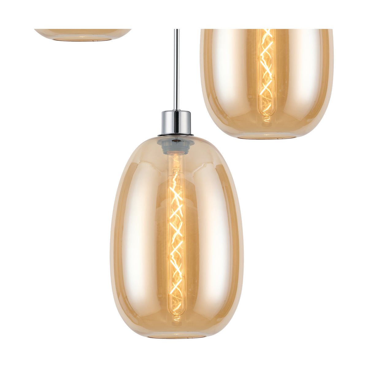 Lori pendant light shown with an amber glass trapezium shade on a polished chrome fitting, revealing a visible LED filament bulb, set against a plain white background.