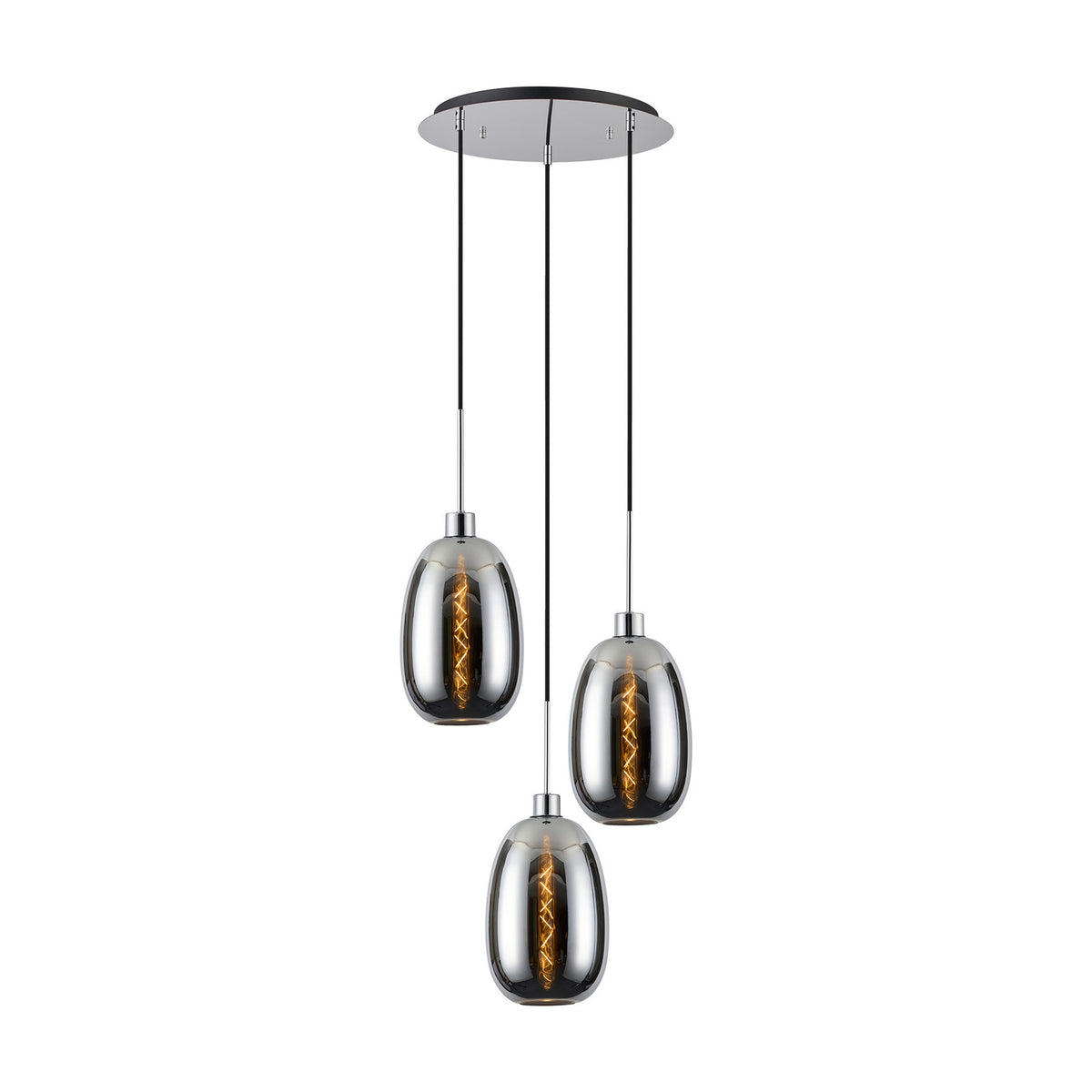 Lori E27 3 Light Trapezium Pendant in polished chrome, showing a round ceiling plate with three staggered smoked glass shades on cables, set against a plain white background.