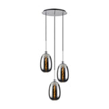 Lori E27 3 Light Trapezium Pendant in polished chrome, showing a round ceiling plate with three staggered smoked glass shades on cables, set against a plain white background.