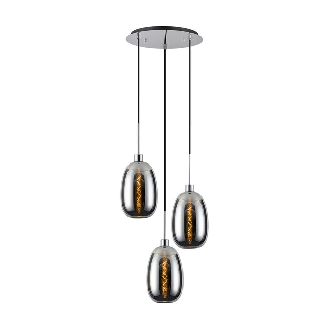 Lori E27 3 Light Trapezium Pendant in polished chrome, showing a round ceiling plate with three staggered smoked glass shades on cables, set against a plain white background.