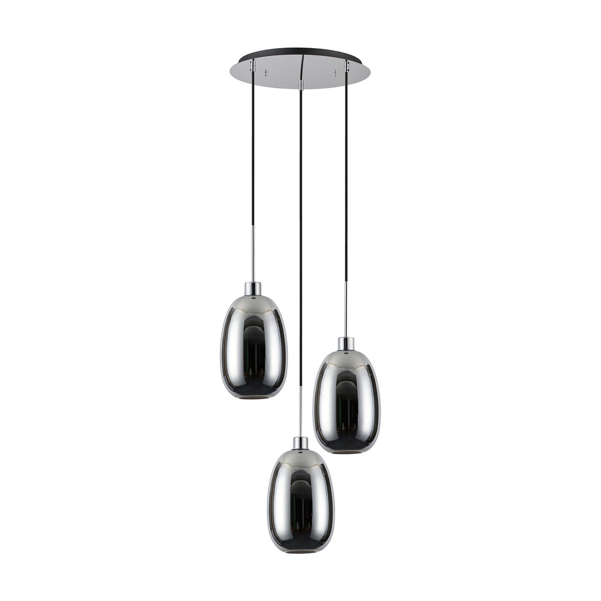 Lori E27 3 Light Trapezium Pendant in polished chrome, three tapered glass shades at staggered drop lengths from a round ceiling plate, shown on a plain white background.