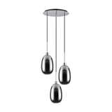 Lori E27 3 Light Trapezium Pendant in polished chrome, three tapered glass shades at staggered drop lengths from a round ceiling plate, shown on a plain white background.