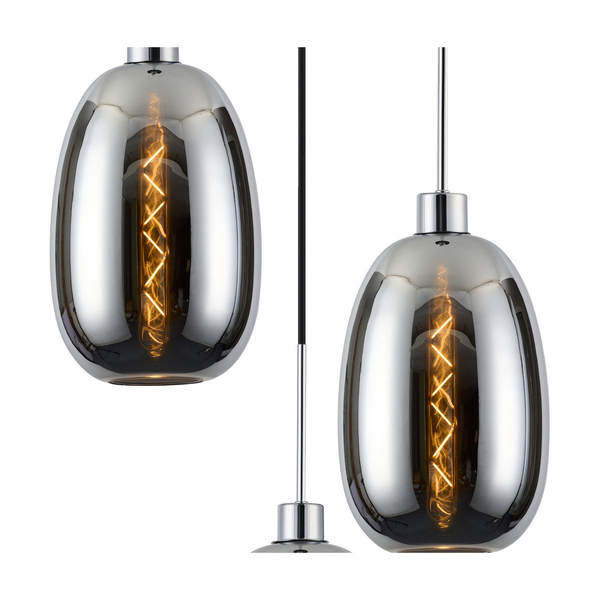 Lori E27 pendant light with a single tall barrel-shaped chrome-tinted glass shade on a chrome ceiling plate, shown lit with a visible filament bulb against a plain white background.