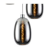 Lori E27 pendant light with a single mirrored chrome trapezium glass shade on a chrome rod, showing an amber-lit filament bulb against a white background.