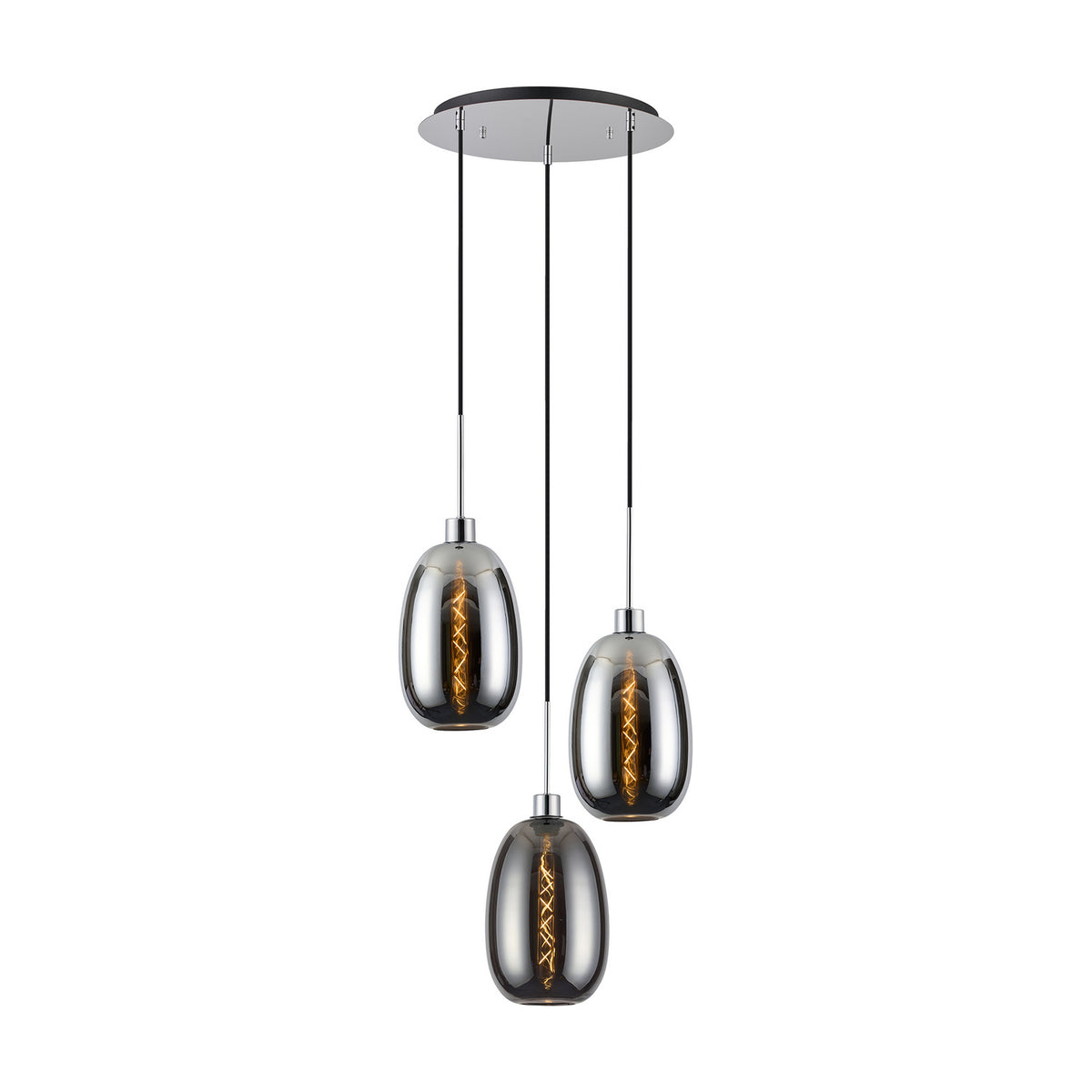 Lori 3 Light Pendant Light, 40cm round polished chrome ceiling plate with three smoke glass shades on cables at staggered heights, plain white background.