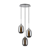 Lori 3 Light Pendant Light, 40cm round polished chrome ceiling plate with three smoke glass shades on cables at staggered heights, plain white background.