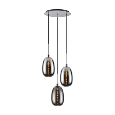 Lori 3 Light Pendant Light, 40cm round polished chrome ceiling plate with three smoke glass shades on cables at staggered heights, plain white background.