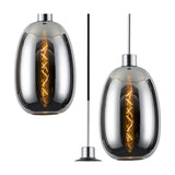 Lori pendant light with smoked chrome glass egg-shaped shades and polished chrome fittings, shown individually and with a cable detail on a white background.