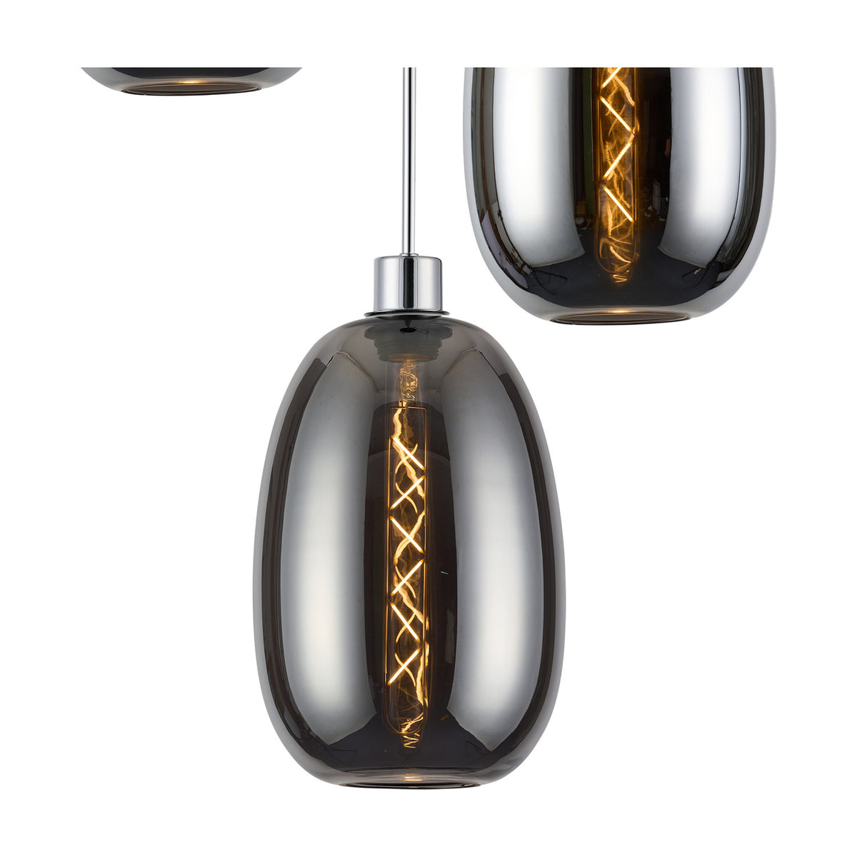 Lori 3 Light Pendant Light in polished chrome, showing a smoke glass oval shade with visible filament bulb and chrome rod suspension on a plain white background.