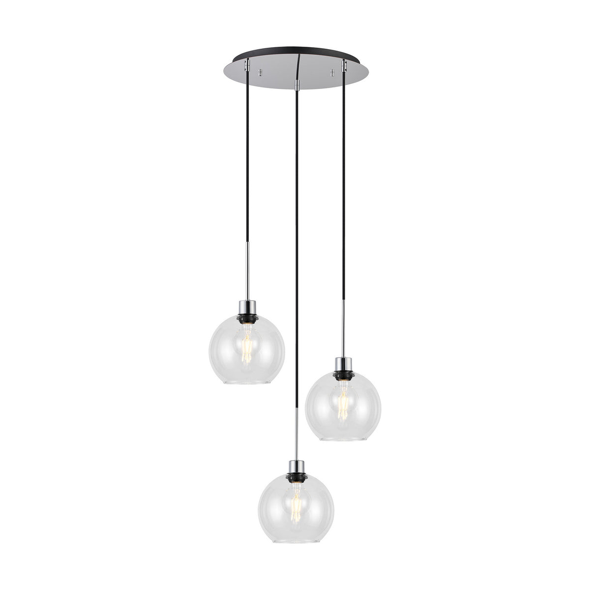 Lori 3 Light E27 round globe clear pendant with a 40cm polished chrome ceiling plate, three staggered clear glass shades on black cords, shown on a white background.