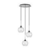 Lori 3 Light E27 round globe clear pendant with a 40cm polished chrome ceiling plate, three staggered clear glass shades on black cords, shown on a white background.