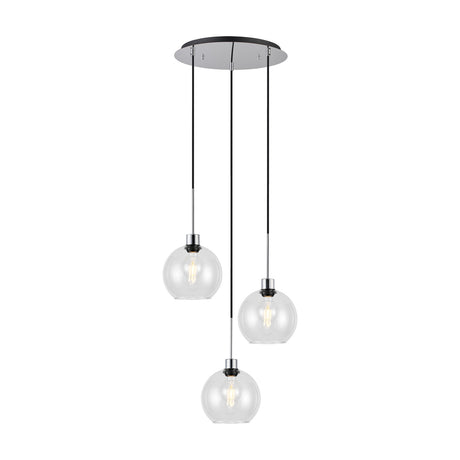 Lori 3 Light E27 round globe clear pendant with a 40cm polished chrome ceiling plate, three staggered clear glass shades on black cords, shown on a white background.