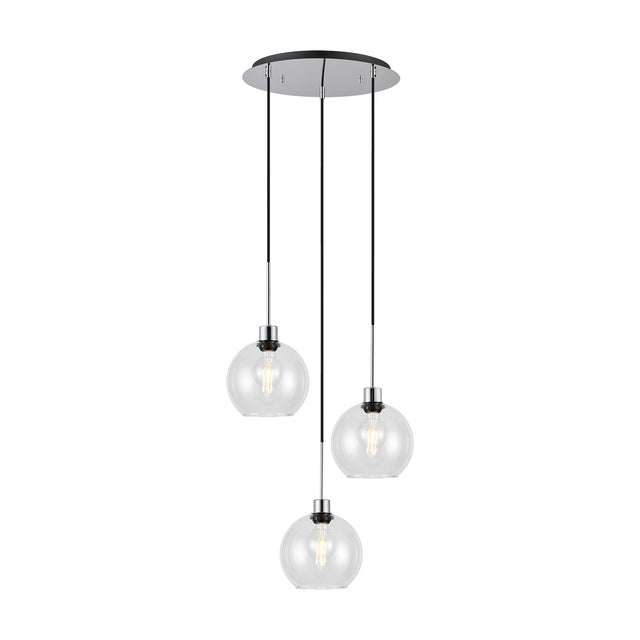Lori 3 Light E27 round globe clear pendant with a 40cm polished chrome ceiling plate, three staggered clear glass shades on black cords, shown on a white background.