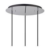 Lori 3 Light E27 pendant with a 40cm round polished chrome ceiling plate and three black cables suspending clear open-mouth globe shades, shown on a plain white background.