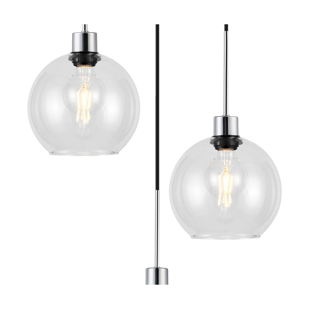 Lori 3 Light E27 Round Globe Clear Pendant 40cm in polished chrome, showing two glass globe shades with visible bulbs and black cable detail on a white background.