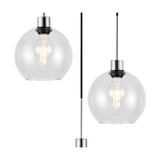 Lori 3 Light E27 Round Globe Clear Pendant 40cm in polished chrome, showing two glass globe shades with visible bulbs and black cable detail on a white background.