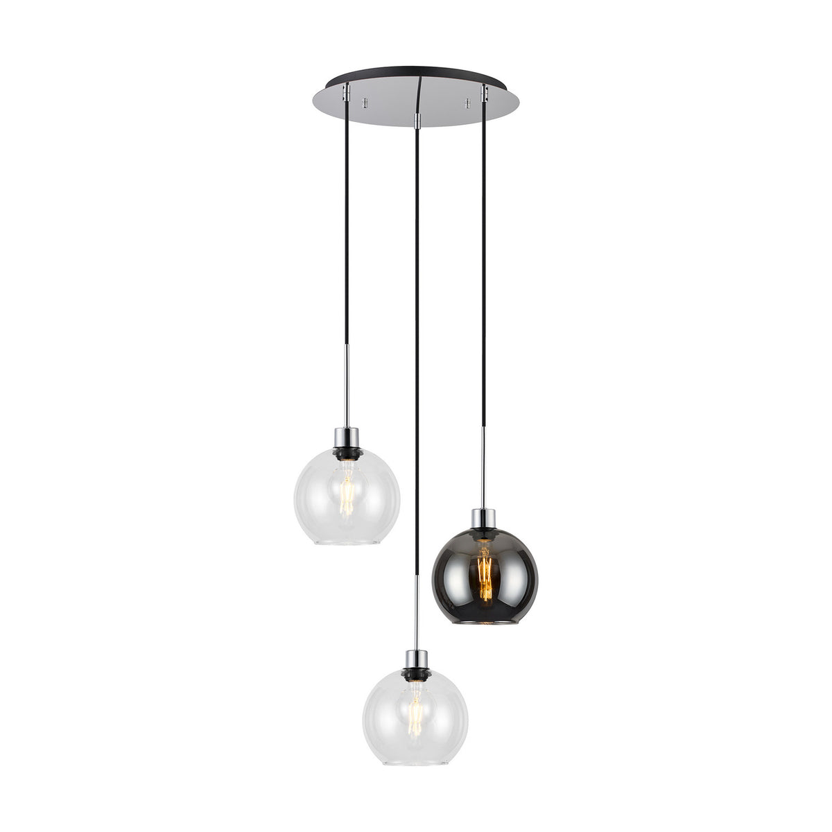 Lori 3 Light Clear Pendant with three round glass globes in clear and smoke, cascading at varied heights from a 40cm round polished chrome ceiling plate on a white background.