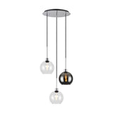 Lori 3 Light Clear Pendant with three round glass globes in clear and smoke, cascading at varied heights from a 40cm round polished chrome ceiling plate on a white background.