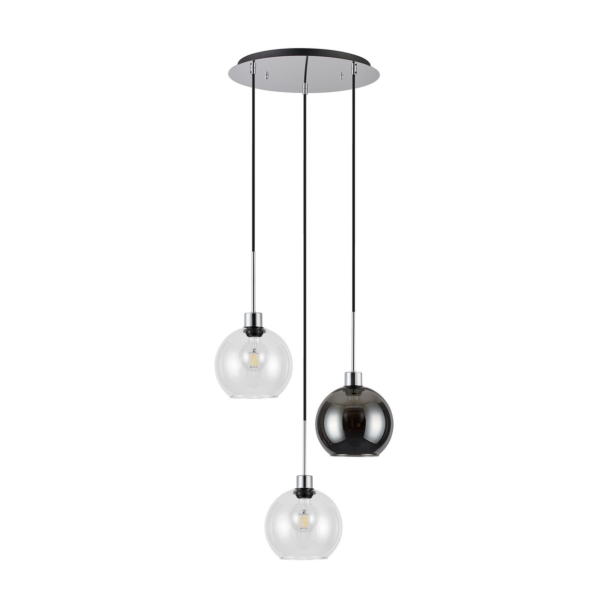 Lori 3 Light Clear Pendant 40cm with three globe glass shades in clear and smoke, suspended on black cables from a round polished chrome ceiling plate, shown on a white background.