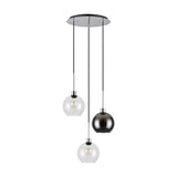 Lori 3 Light Clear Pendant 40cm with three globe glass shades in clear and smoke, suspended on black cables from a round polished chrome ceiling plate, shown on a white background.