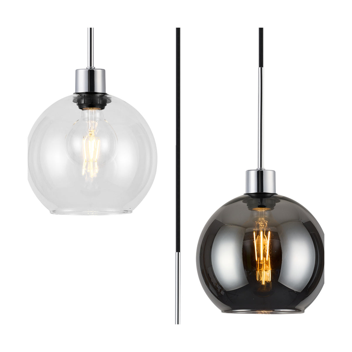 Lori 3 Light Clear Pendant 40cm in polished chrome, shown with clear and smoke glass globe shades over exposed bulbs, cable and rod suspension, on a plain white background.