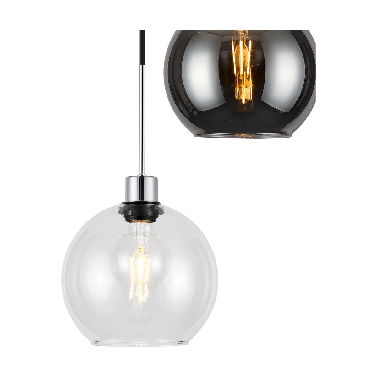 Lori pendant light with clear glass globe shade on a polished chrome fitting, shown alongside a smoke glass globe variant with visible bulb, on a white background.