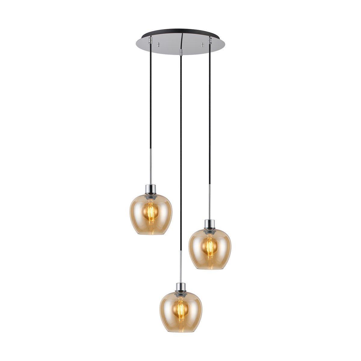 Lori E27 3 Light Wine Pendant Light: three amber glass shades in wine-glass shapes cascade from a round polished chrome ceiling plate at staggered heights, shown on a plain white background.