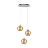 Lori E27 3 Light Wine Pendant Light: three amber glass shades in wine-glass shapes cascade from a round polished chrome ceiling plate at staggered heights, shown on a plain white background.