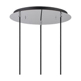 Round polished chrome ceiling plate for the Lori 3 light pendant, with three black cables and cable connectors hanging down against a plain white background.