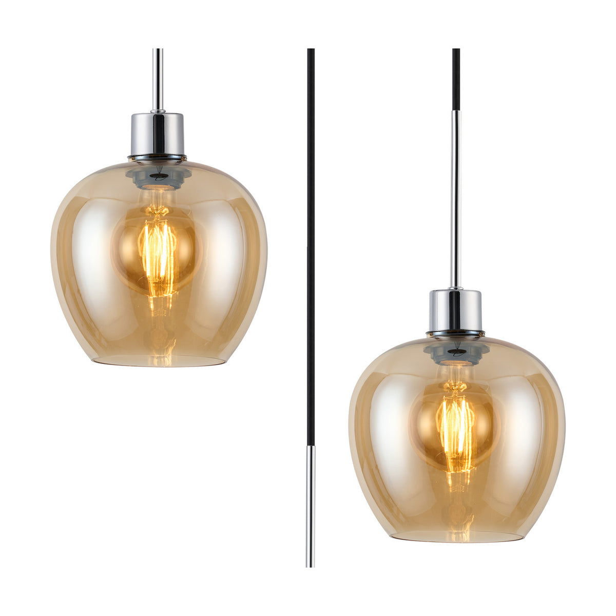 Lori E27 pendant light shown in two views with amber glass wine-glass shaped shades, polished chrome fittings and cable, on a plain white background.