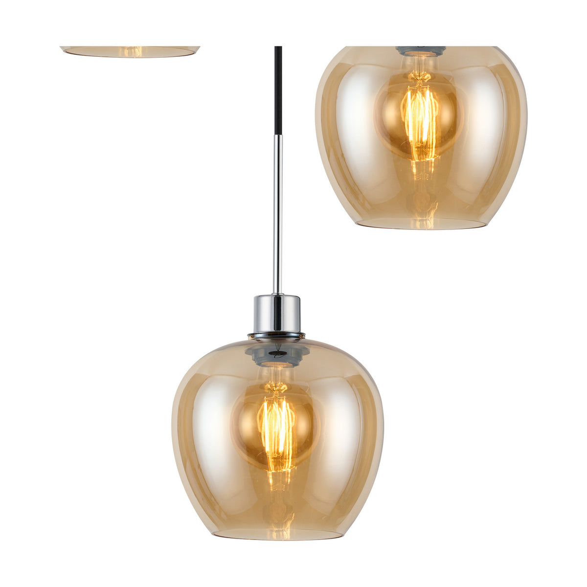 Lori E27 pendant light with amber glass wine-shaped shade and polished chrome fitting, shown with visible bulb against a plain white background.