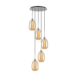 Lori 5 Light Trapezium Pendant Light in polished chrome, with amber glass shades cascading at staggered lengths from a round 45cm chrome ceiling plate on a white background.