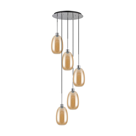 Lori 5 Light Trapezium Pendant Light in amber glass with tapered shades at staggered drops from a 45cm round polished chrome ceiling plate, shown on a plain white background.