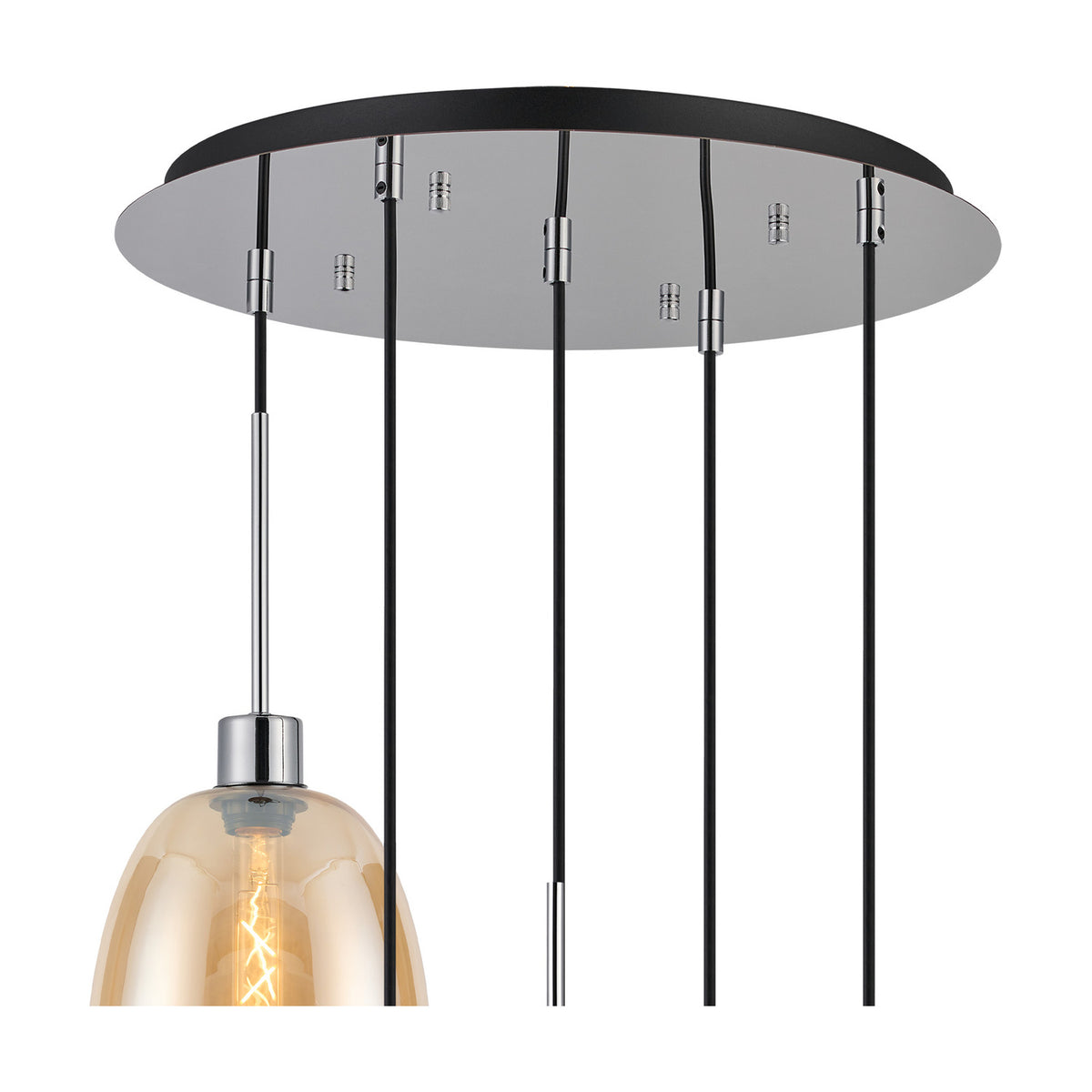 Lori 5-Light Trapezium Pendant in Amber and Polished Chrome, featuring a round ceiling plate with multiple cables and an amber glass shade with visible bulb, shown on a white background.