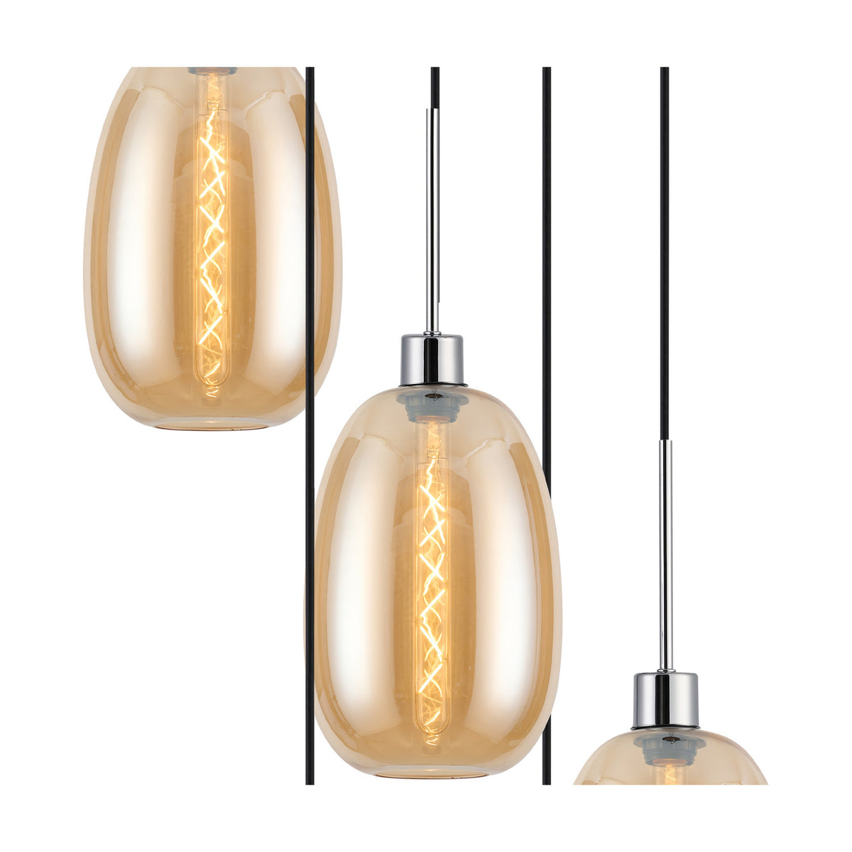 Close-up of the Lori pendant light showing amber glass trapezium shades with visible filament bulbs and polished chrome fittings on black cords, plain white background.
