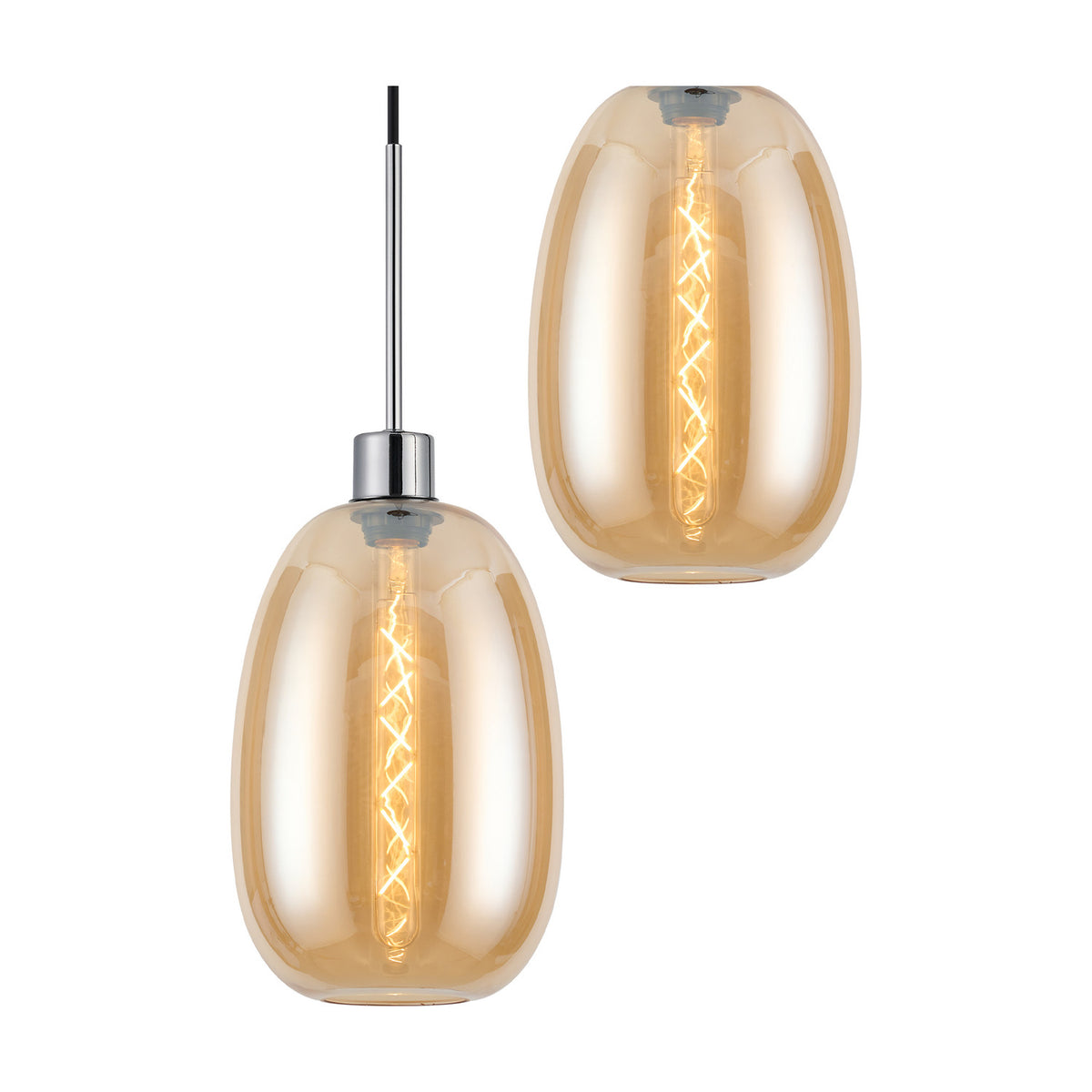 Lori pendant light shade shown singly and paired, tall amber glass trapezium shade with visible filament bulb and polished chrome fitting, on a plain white background.